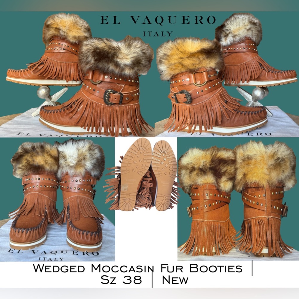 El Vaquero Wedge Fur Moccasin Booties • Brown Fringe Italian Leather • Sz 38 New